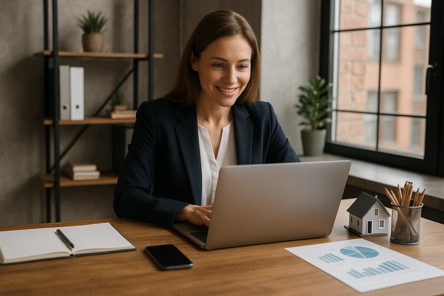 Business woman working on laptop.