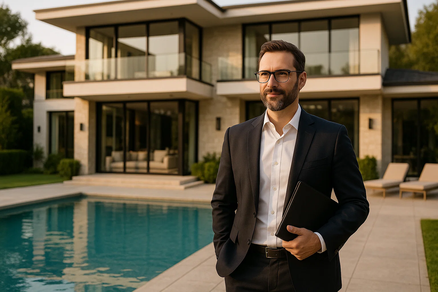 Luxury real estate agent standing in front of a luxury home.