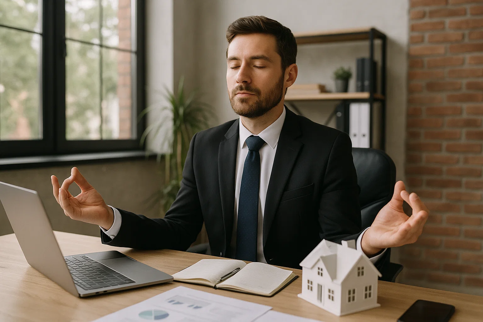 Realtor meditating at his desk.