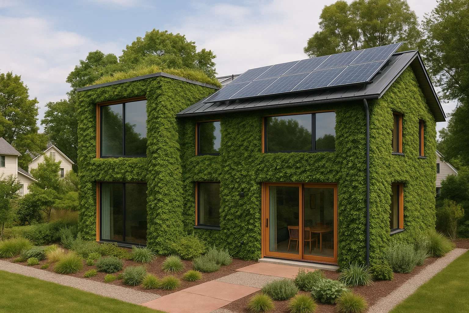 Sustainable real estate; House covered in green foliage.