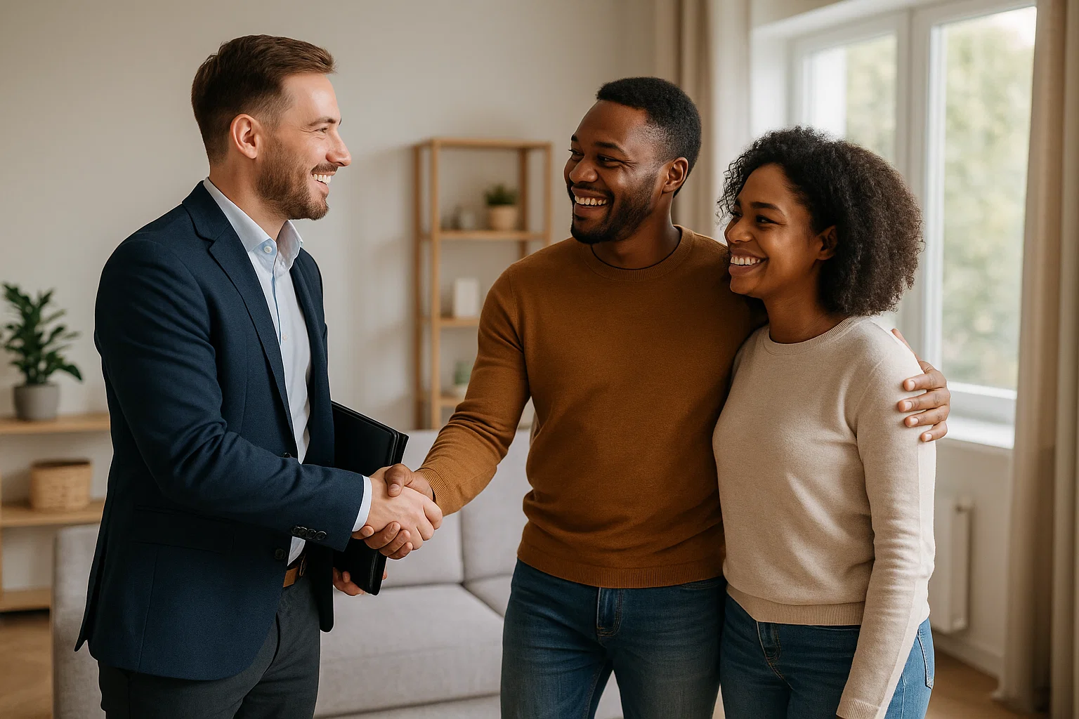 Realtor shaking hands with a couple.