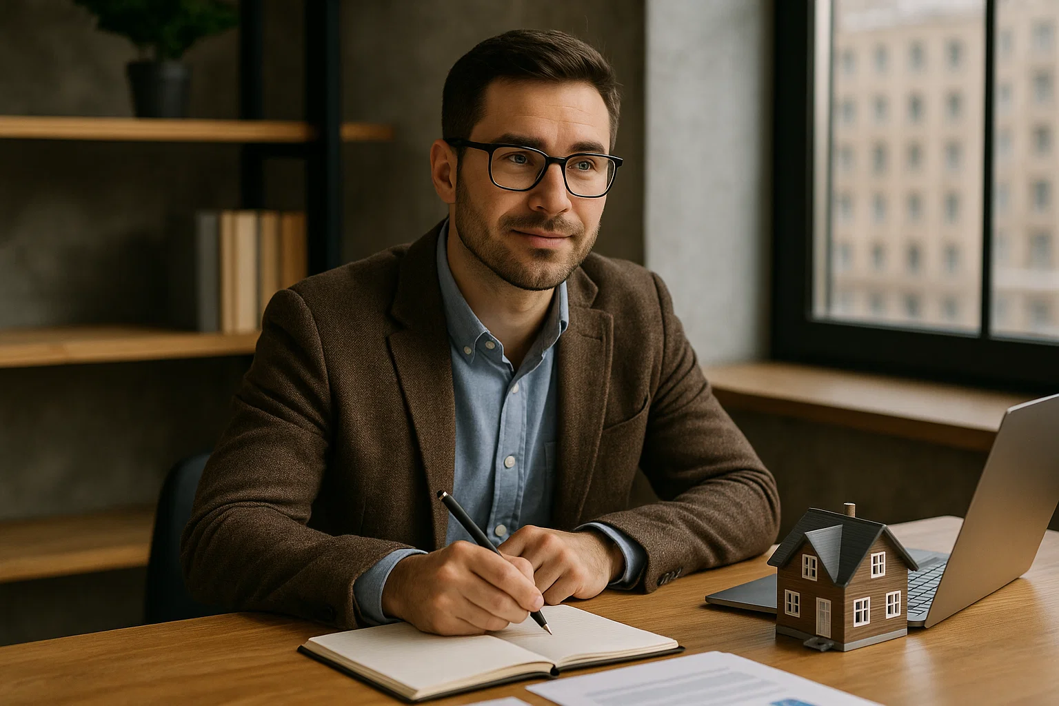 Realtor working at a desk writing on paper.
