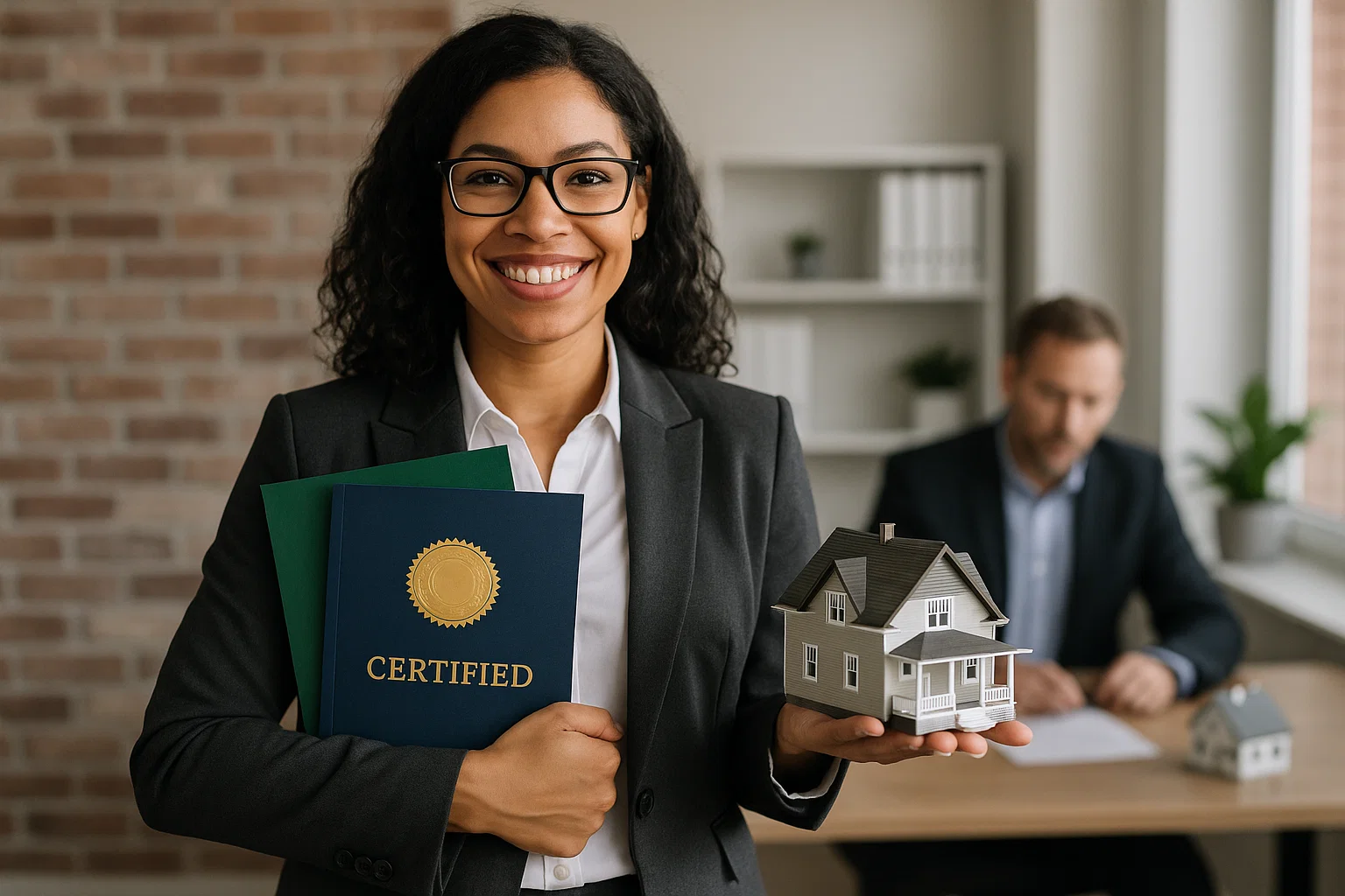 woman holding certifications as a realtor