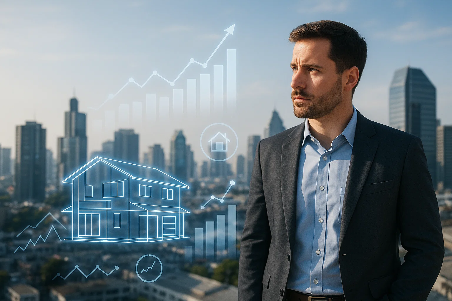 man looking off into the distance with a digital house and graph in the foreground