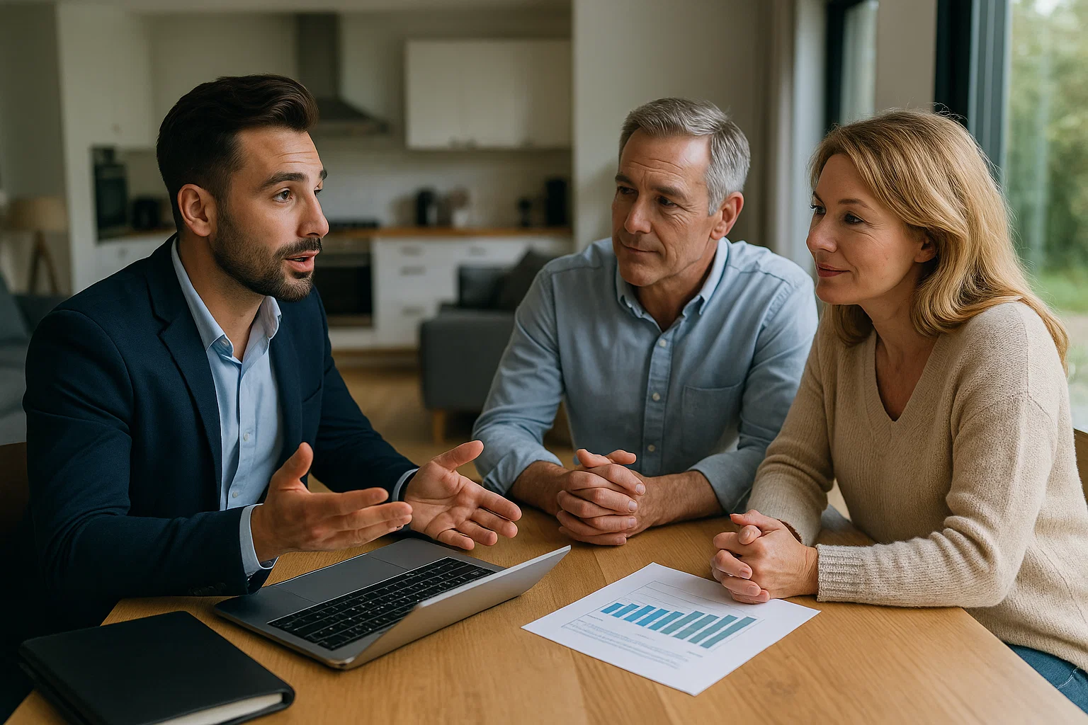 realtor giving a listing presentation to an older couple.